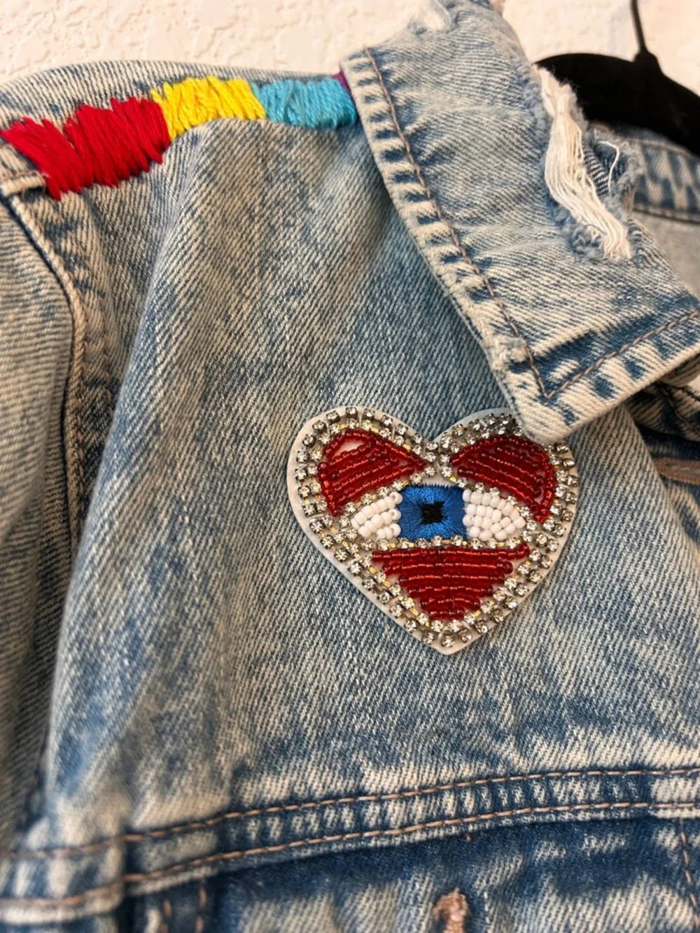 Old Navy Light Wash Denim Jacket with Colorful Embroidery sequin skull - Picture 3 of 8